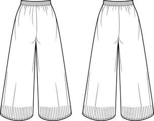 Fashion CAD drawing, wide leg pants with elastic waistband and ribbed hem, front and back view, technical flat sketch, apparel design
