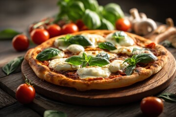 Delicious homemade Margherita pizza with fresh tomato basil and melted cheese on a rustic wooden table with cherry tomatoes and garlic in the background