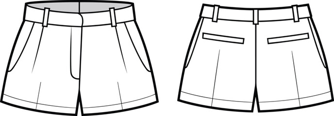 Fashion CAD drawing, shorts with belt loops and pockets, front and back view, technical flat sketch, garment construction, apparel design, sewing pattern