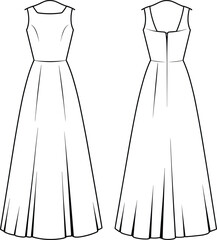 Fashion CAD drawing, long sleeveless dress with scoop neckline and V-back, panel construction, technical flat sketch, garment construction, apparel design