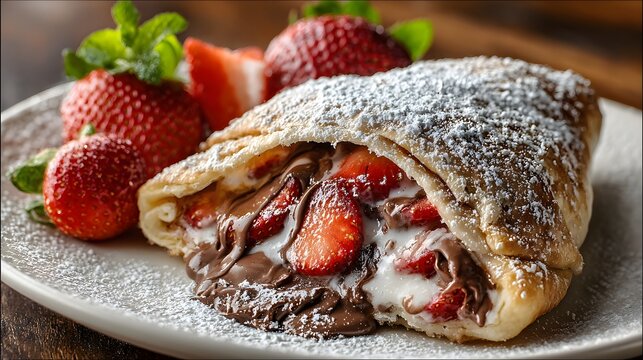 artistic depiction of a dessert calzone filled with chocolate cream and strawberry