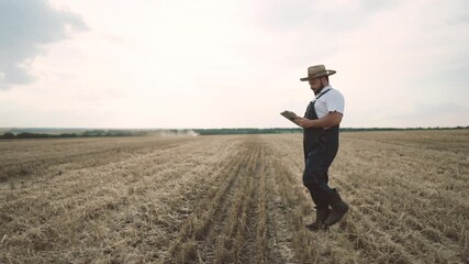 Agronomist using digital tablet in farmland, new software for agribusiness. Agricultural technology, harvest season in ecological region, eco-friendly and organic farming, growing cereals for food