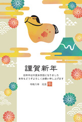 2026年午年年賀状　水彩風　馬と菊と富士山