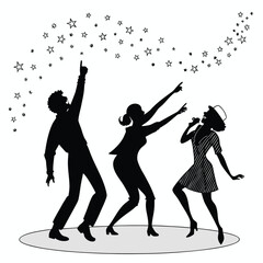 Fototapeta premium Energetic silhouettes of three people dancing joyfully under musical notes celebration isolated on transparent background