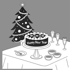 Festive christmas scene with decorated tree cake and candles cozy holiday celebration isolated on transparent background