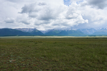 Mongolian steppe under the blue sky with white clouds