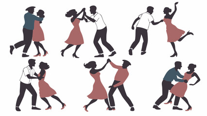 Naklejka premium Retro Couples Dancing Swing Dance. Joyful Energetic People Moving to Music for Dance Class, Party Invitations, and Social Events.
