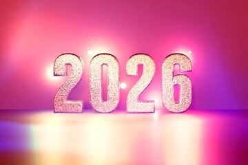 Sparkling 2026 New Year's Eve celebration background with glitter numbers and vibrant pink neon lights.