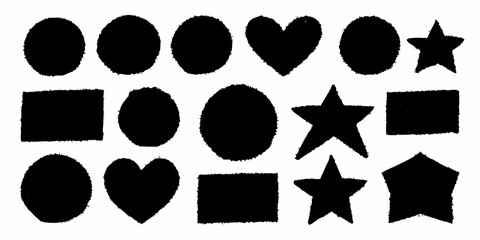 Collection of hand drawn black geometric shapes and symbols on a white background