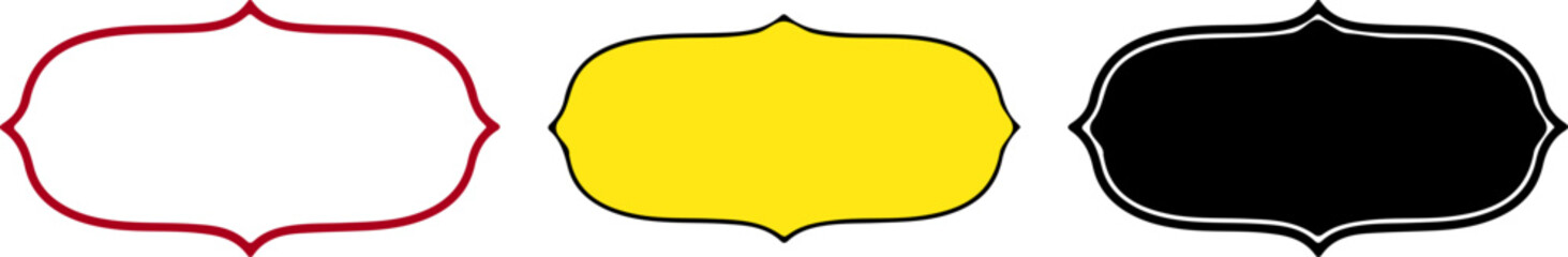 Three decorative frames or labels, one outlined in red, one solid yellow, and one solid black