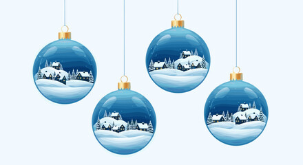 Festive blue christmas baubles with winter village scenes hanging on strings.