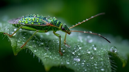 Green insect with water drops rests on a dewy leaf.