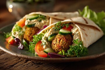 Fresh Vegetable Falafel Wrap with Lettuce Tomato Cucumber and Creamy Sauce Served on Rustic Plate for Healthy Fast Food or Vegan Meal