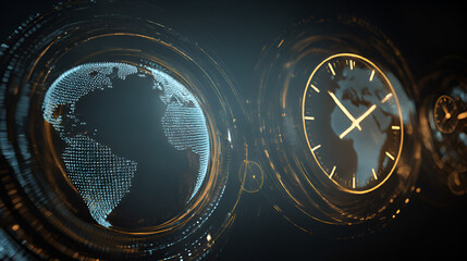 Futuristic Digital Globe and Clock | Global Time Technology Concept | Virtual World Time Interface