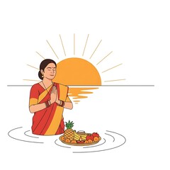 Beautiful woman worshiping sun god for Chhath Puja festival in India