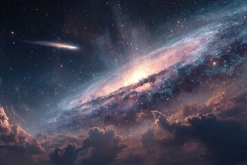 Fototapeta premium Dramatic cosmic cloudscape in deep space with bright stars creates ethereal visual effect, a celestial panorama unfolding across a dark backdrop