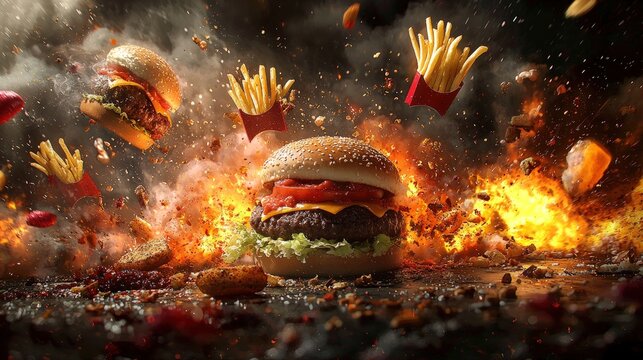 Explosive Burger Feast - A Fiery Fast Food Frenzy.