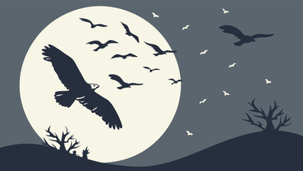 Mysterious Full Moon Night Sky with Silhouetted Birds Flying Over Dark Landscape and Spooky Trees for Nature, Travel, and Halloween Designs