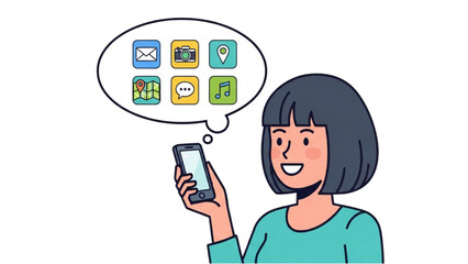 Woman Holding Smartphone with App Icons in Speech Bubble Illustration