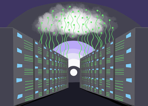 Data center servers connected to cloud illustrating digital innovation