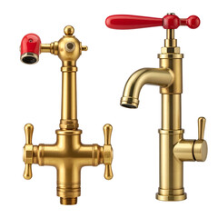 Two ornate brass faucets, one tall with a red handle, the other shorter with a red head
