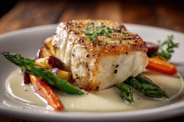 Delicious pan-seared white fish fillet served on a bed of fresh vegetables including asparagus carrots and beans with herbs on a white plate