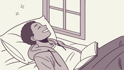 Happy Young Man Relaxing in Bed Reading Book by Window. Peaceful Student Enjoying Leisure Time, Mental Wellness, and Self-Care Illustration.