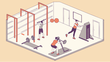 Isometric Gym Illustration with Active Adults Exercising and Lifting Weights for Health and Fitness Training