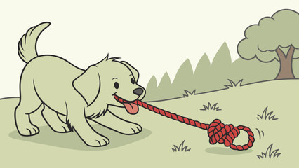 Happy Puppy Playing Tug of War with Red Rope Toy Outdoors. Energetic Dog Enjoying Playtime on Green Grass.