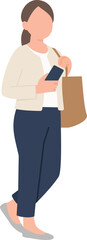 Fototapeta premium Stylish woman holding shopping bag and phone casual fashion outfit