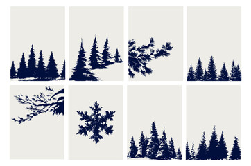 Silhouettes of winter fir elements. Set of templates with elements of winter nature. Stencil with fir trees, snowflake, snowy branches. Vintage winter sketches.