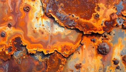 Obraz premium Abstract close-up of rusted metal surface showcasing vibrant orange and brown textures, perfect for backgrounds