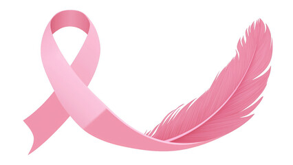 Pink ribbon and feather symbolize support, created with AI, PNG