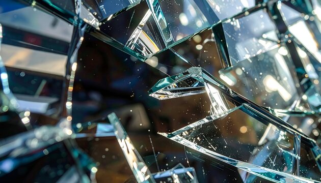 Close-up of shattered glass pieces reflecting light, showcasing intricate details and textures