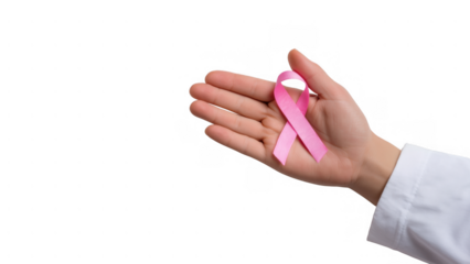 Hand with pink ribbon for breast cancer, created with AI, PNG