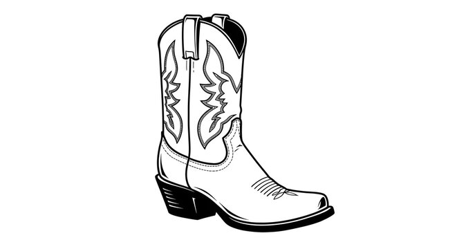 A detailed black and white illustration of a single cowboy boot, with decorative stitching