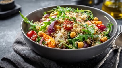 Fresh vegetable salad with cherry tomatoes, chickpeas, quinoa, red onion, leafy greens, parsley, and grated cheese in a black bowl on dark background