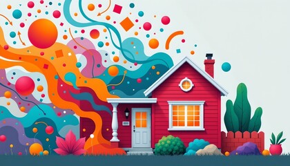 Colorful Geometric House with Whimsical Smoke Effect