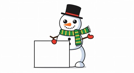 Cute Snowman Wearing a Top Hat and Scarf Holding a Blank Sign