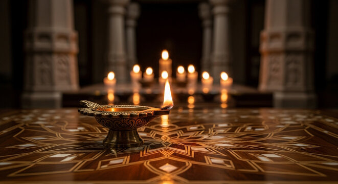 Golden diya flame on a detailed wood table, candles creating warm ambiance, perfect for spirituality, meditation, and cultural events