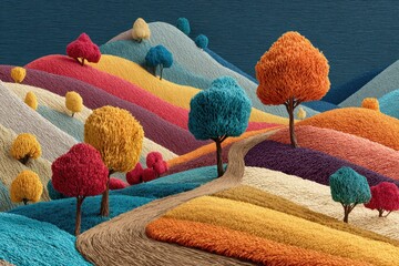 Colorful rolling hills dotted with fanciful trees create a whimsical landscape under a cloudy sky in the countryside