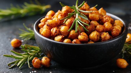 Delicious roasted chickpeas in a black bowl garnished with fresh rosemary and herbs, healthy snack, protein-rich plant-based food, vegetarian dish
