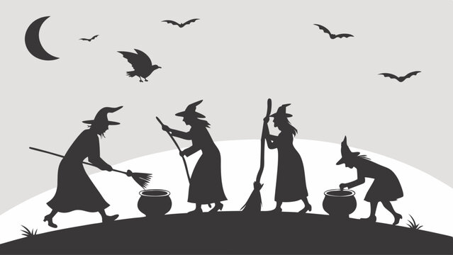 Halloween Witches Brewing Magic Potions in Cauldrons Under Moonlight Silhouette for Spooky Autumn Party Invitations and Fantasy Web Design