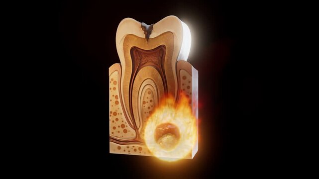 Conceptual 3D animation of a dental abscess on fire