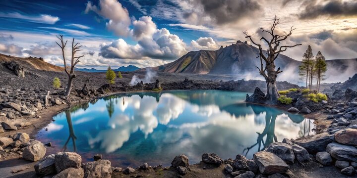 Serene Volcanic Landscape Featuring a Still, Azure Pond Reflecting Clouds and Dead Trees