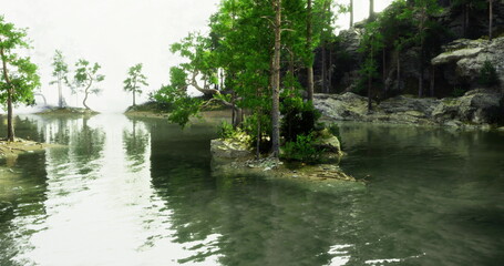 Obraz premium A peaceful lake reflects greenery and rocky landscapes under soft lighting. Trees gently sway by the waters edge, creating a harmonious natural environment.