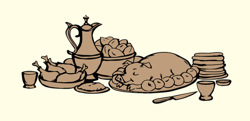 Vector drawing. Tasty feast food