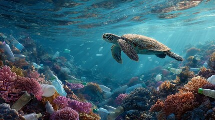 Fototapeta premium Sea Turtle Swimming Through Coral Reef Surrounded by Ocean Plastic