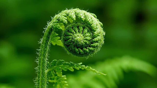 Delicate green fern frond unfurls in vibrant sunlight, symbolizing new growth and nature's beauty.