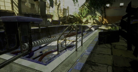 Overgrown vegetation surrounds an abandoned industrial site filled with rusty equipment and dilapidated structures, illuminated by warm golden hour sunlight filtering through the dust and grime.